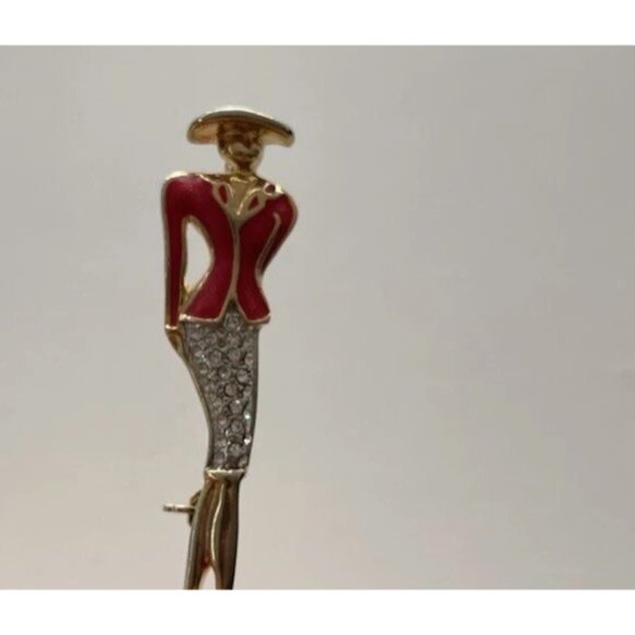 Vintage Elegant Lady Art Rhinestone Gold Tone Pin Red Suite Women’s Stones - Picture 8 of 10